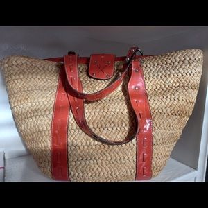 Liz Claiborne Red Leather Wicker Trimmed Beach Tote